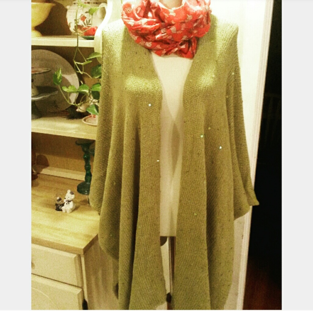 Chicos Ruana Moss Green Sequined Wrap